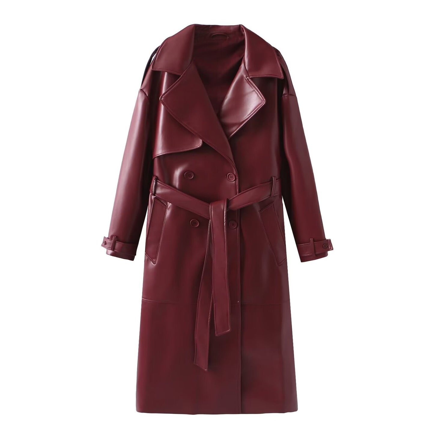 Damen Kunstleder-Trenchcoat mit elegantem Schnitt und taillierbarem Gürtel Stilzeits