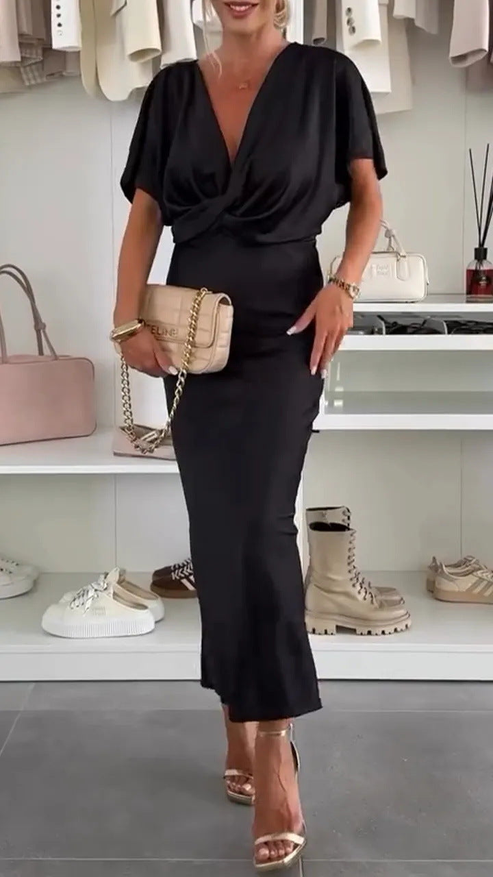 Damen Knielanges Satin-Kleid mit Kreuz-Design Stilzeits