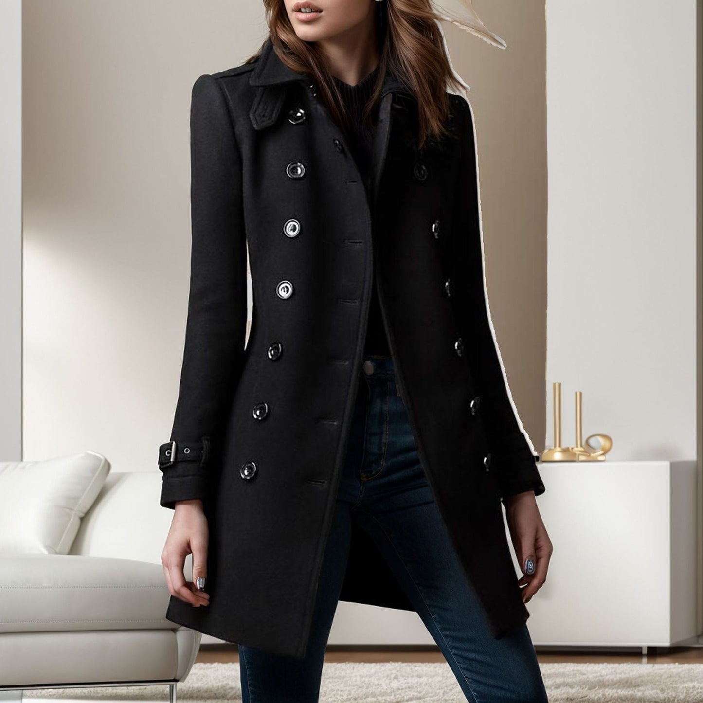 Damen eleganter Trenchcoat mit doppelter Knopfreihe und gewichtetem Kragen Stilzeits