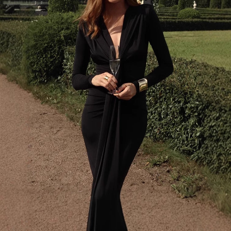 Damen Elegantes Langarm-Maxi-Kleid mit raffiniertem Knoten-Detail und figurformendem Design Stilzeits