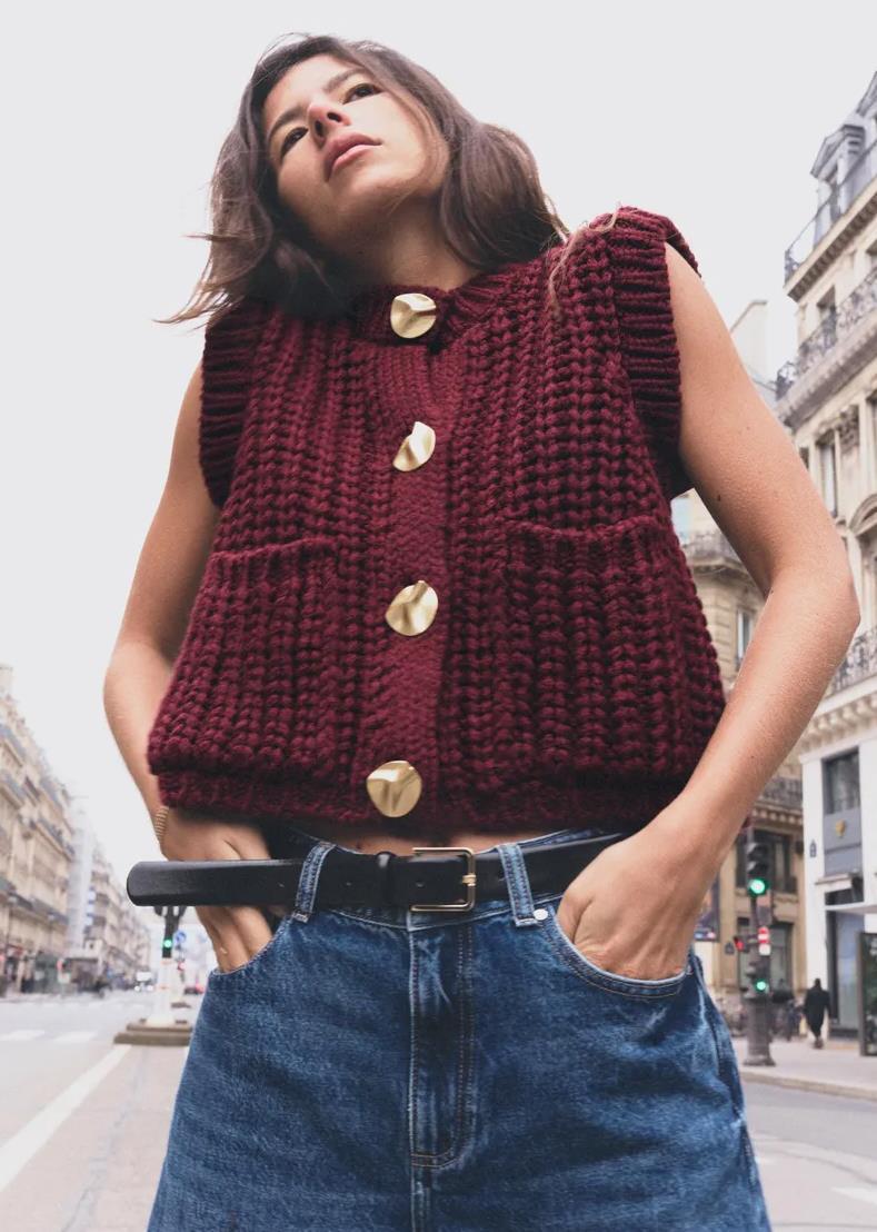 Damen gemütliche Strickweste mit großen Knöpfen und praktischen Taschen Stilzeits