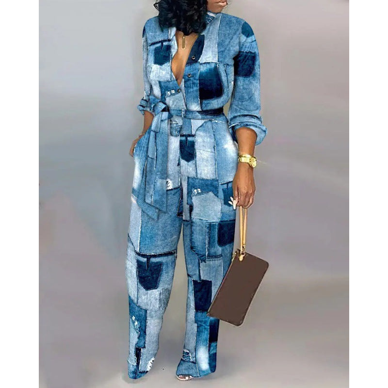 Damen Denim Jumpsuit mit modischem Patchwork-Design und praktischen Taschen Stilzeits