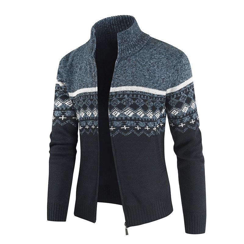Herren Strickjacke mit geometrischen Mustern und hohem Kragen Stilzeits