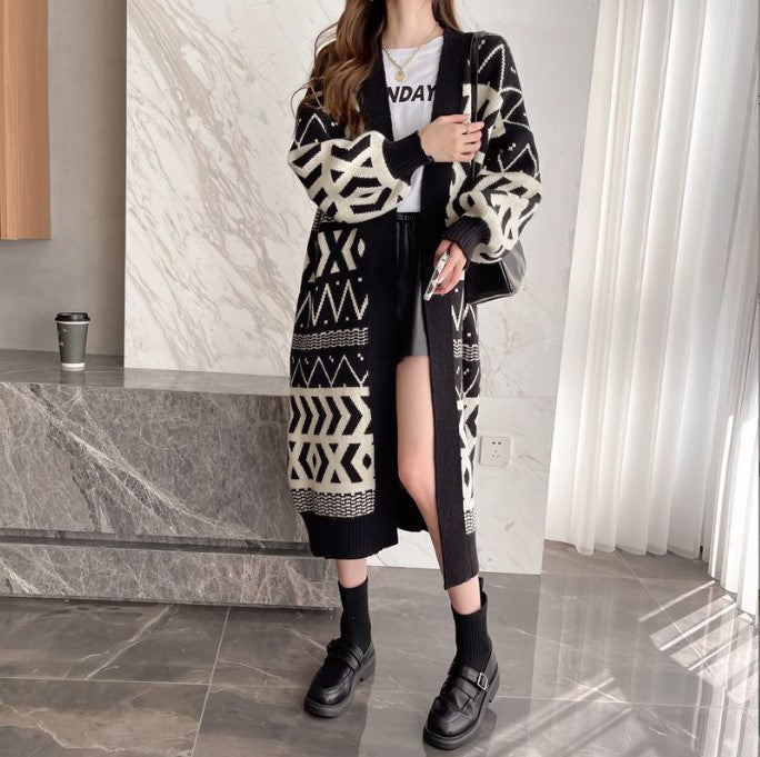 Damen Strickcardigan mit geometrischem Muster und knöpfbarem Design Stilzeits