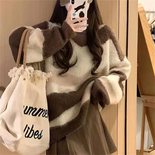 Damen Grobstrickpullover mit modischem Streifenmuster und lässigem Schnitt Stilzeits - Stilzeits