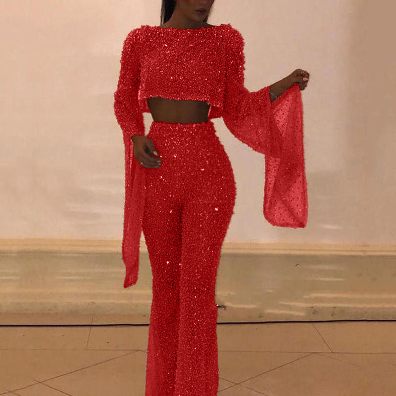 Damen Glitzerndes Zweiteiliges Set mit weitem Bein und langen Ärmeln Stilzeits