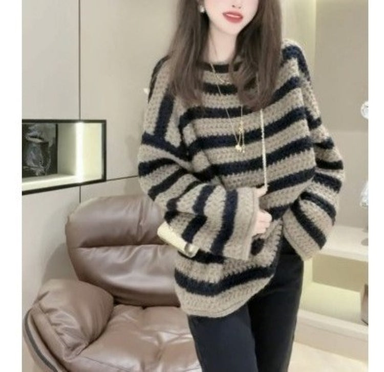 Damen Grobstrickpullover mit lässigem Streifenmuster und voluminösen Ärmeln Stilzeits