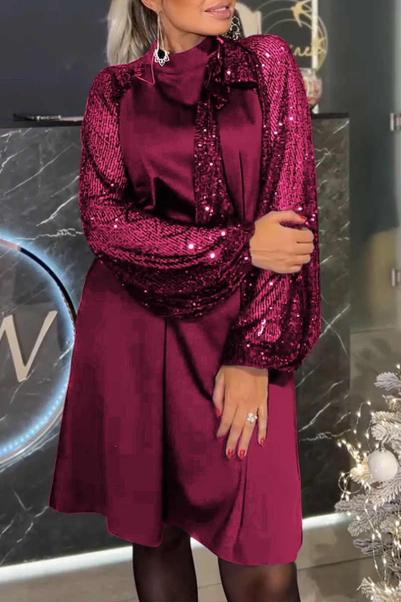 Damen Elegantes Kleid mit glitzernden Ärmeln und festlichem Kragen Stilzeits