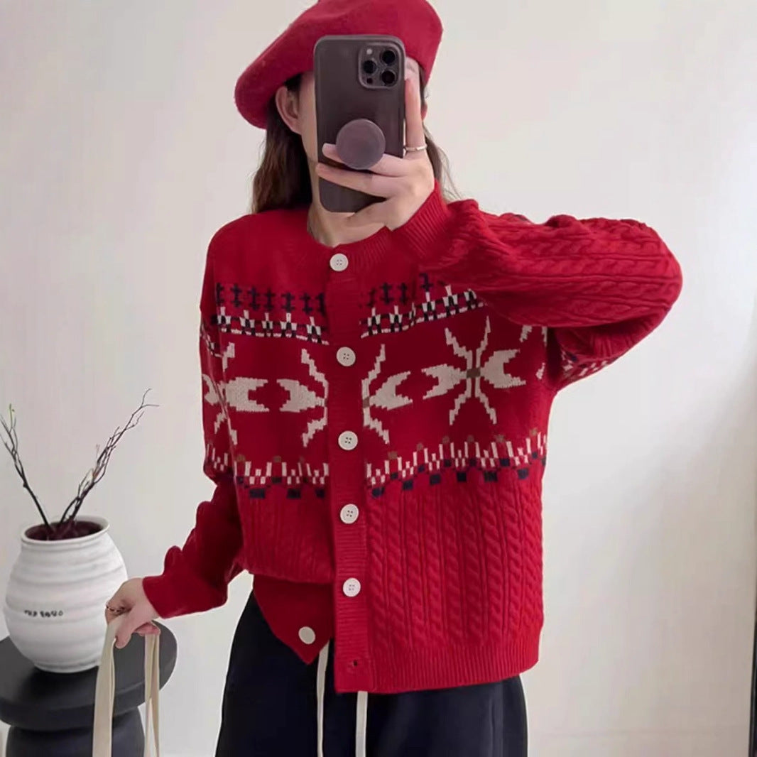 Damen Strickjacke mit traditionellen Mustern und großen Knöpfen Stilzeits