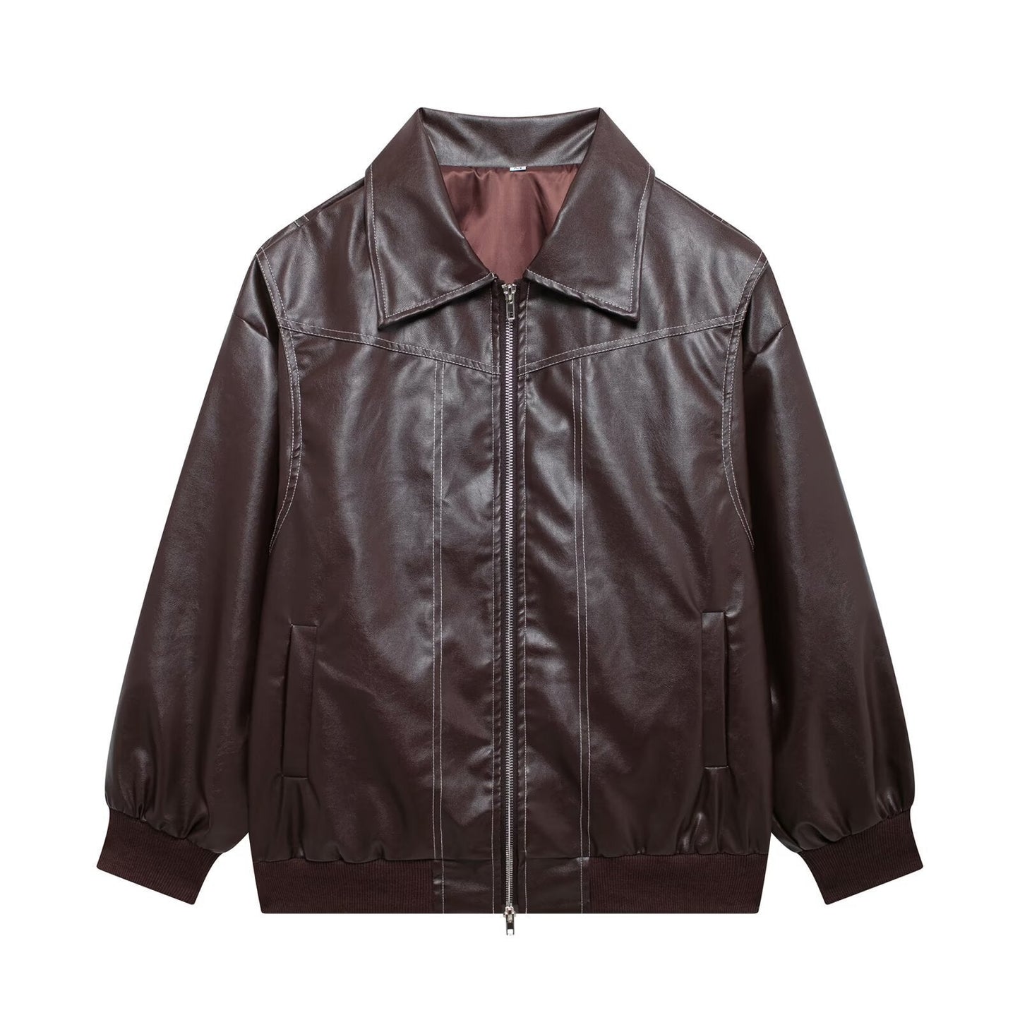 Damen Kunstlederjacke mit lässigem Schnitt und elastischem Saum Stilzeits