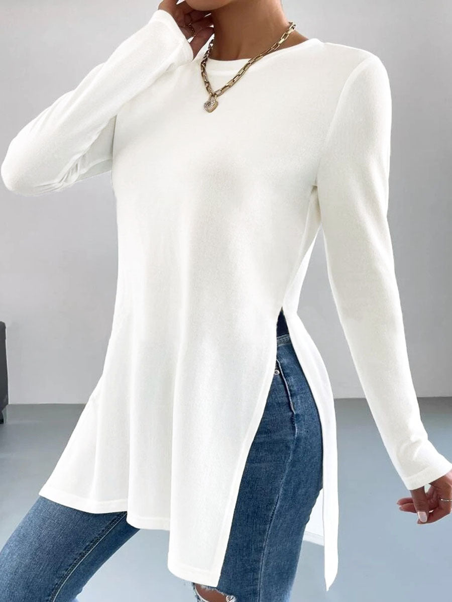 Damen asymmetrisches Longsleeve-Oberteil mit seitlichen Schlitzen und lässigem Schnitt Stilzeits