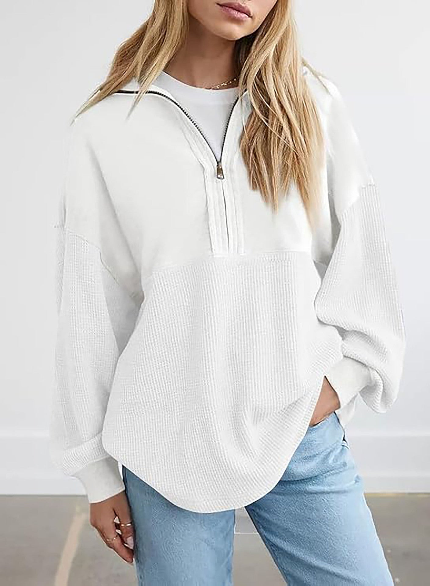 Damen lässiger Kapuzenpullover mit halblangem Reißverschluss und strukturiertem Material Stilzeits