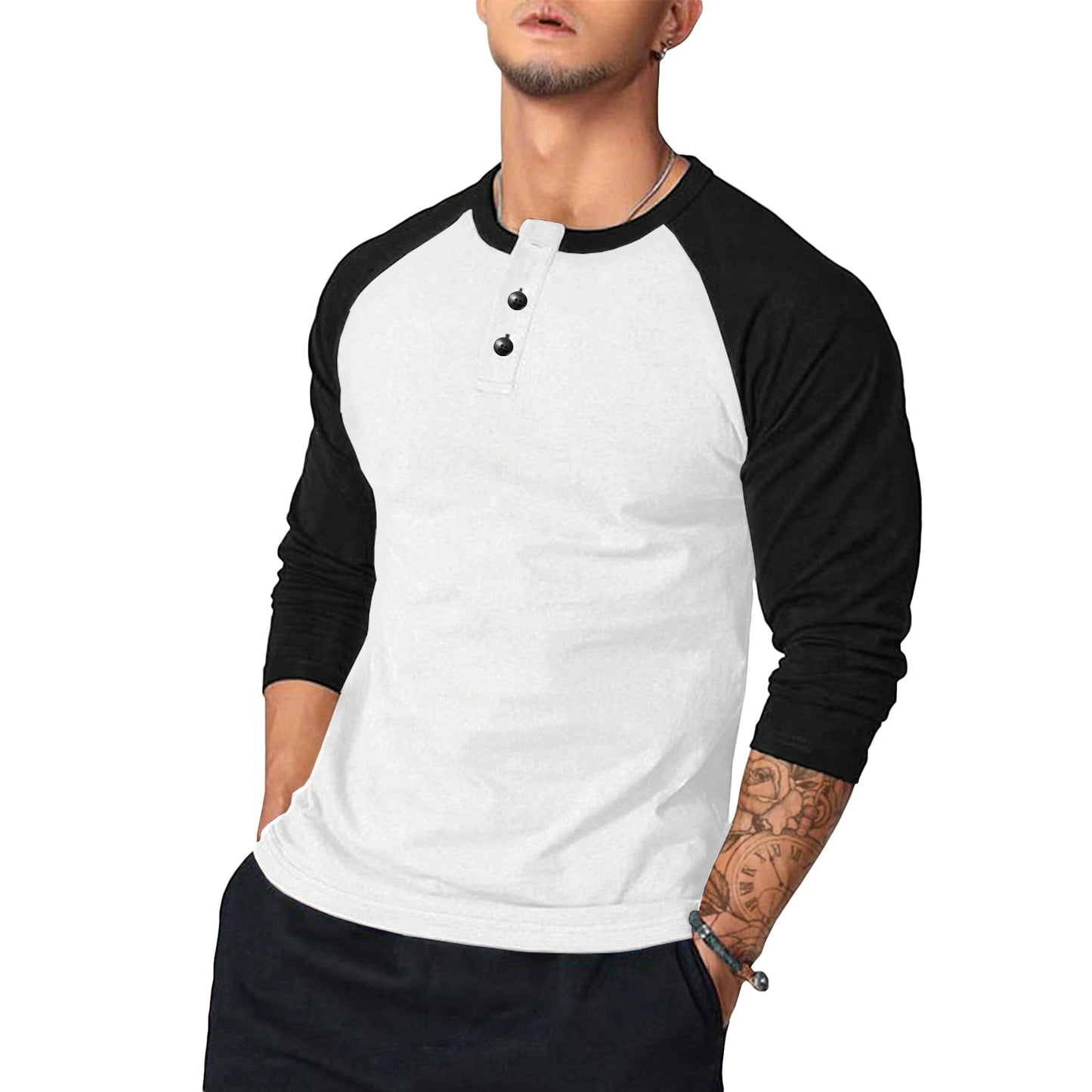 Herren Langarm-Henley-Shirt mit Kontrastärmel Stilzeits