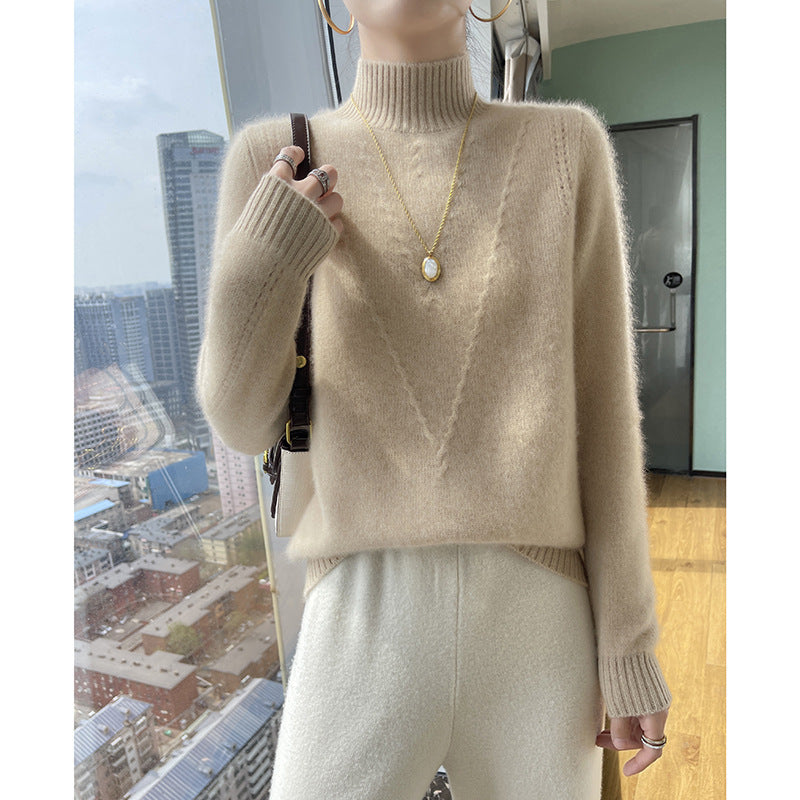 Damen weicher Strickpullover mit hohen Kragen und V-Design Stilzeits