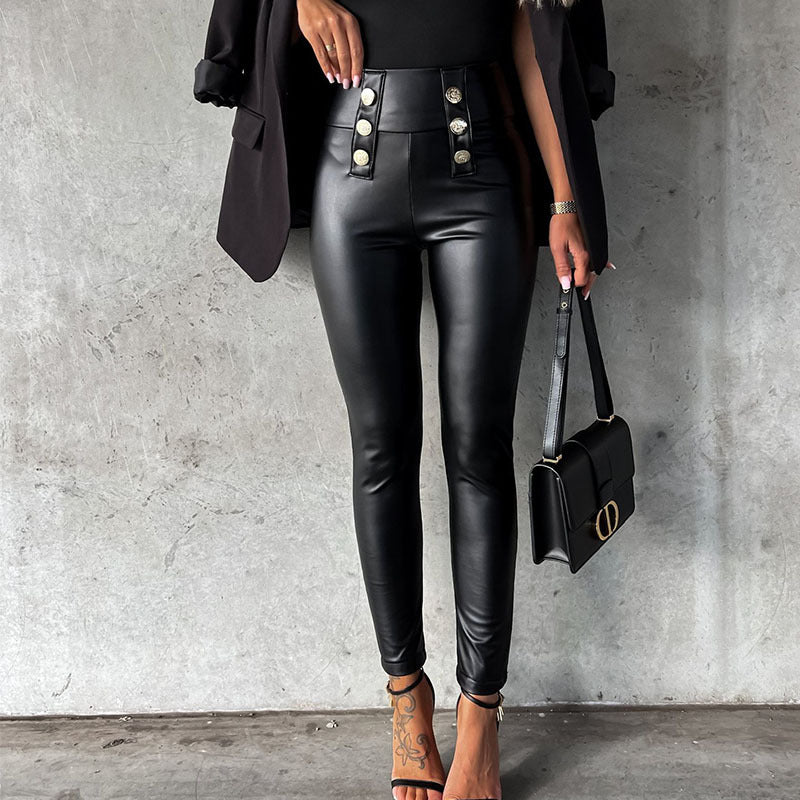 Damen imitat Leggings mit glänzender Oberfläche und dekorativen Knöpfen Stilzeits