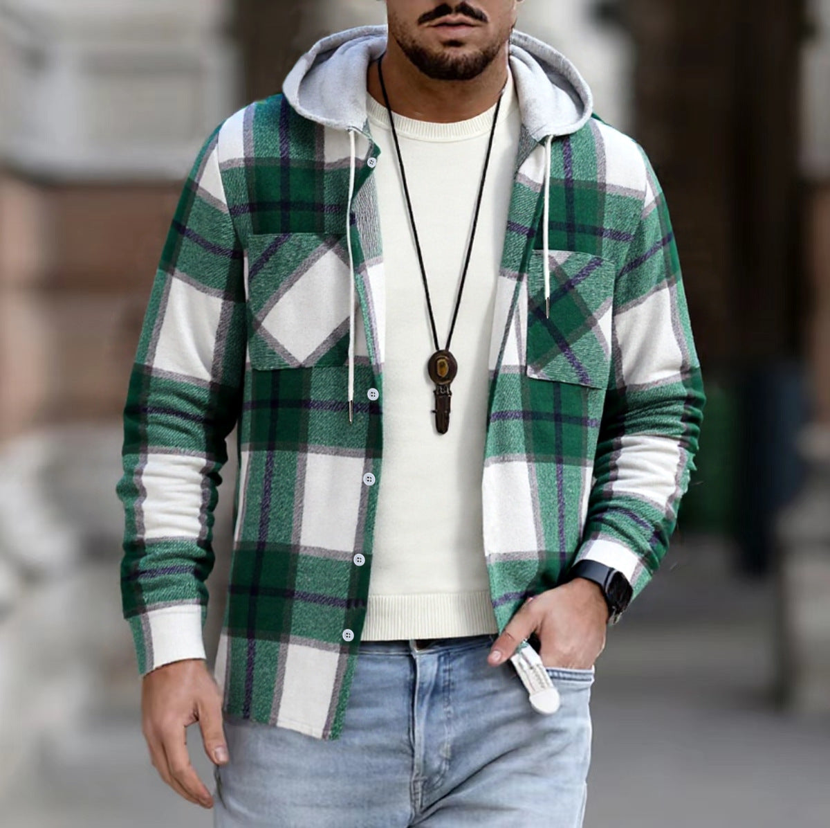 Herren Freizeitjacke mit Kapuze und Karomuster Stilzeits