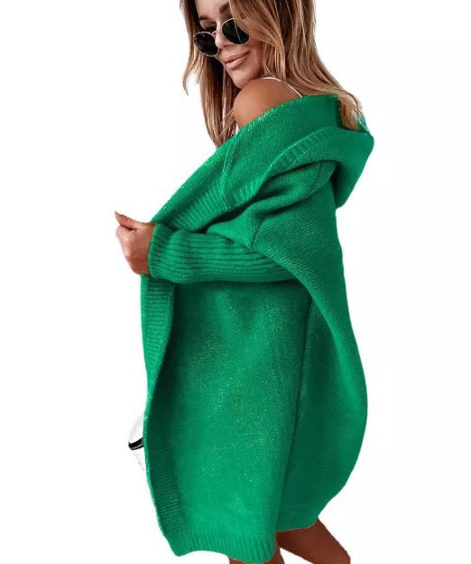 Damen gemütlicher Strickcardigan mit Kapuze und weit geschnittenen Ärmeln Stilzeits