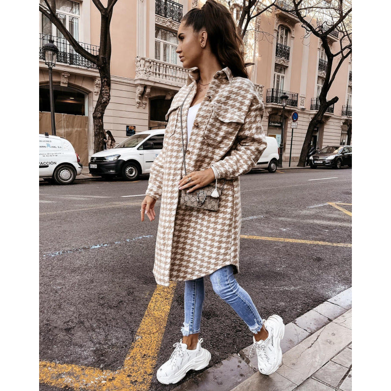 Damen Hahnentritt-Muster Oversized Hemdjacke Stilzeits