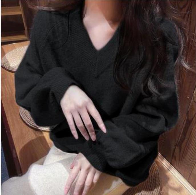 Damen Grobstrickpullover mit tiefem V-Ausschnitt und voluminösen Ärmeln Stilzeits