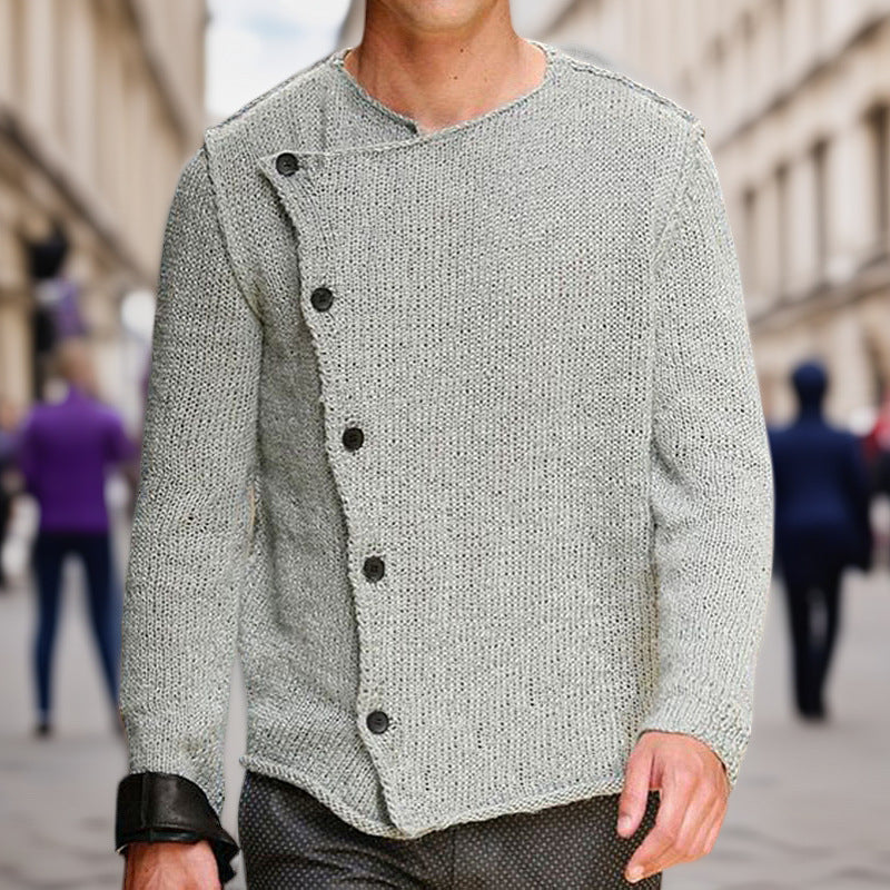 Herren Strickpullover mit innovativem Stehkragen und asymmetrischer Knopfleiste Stilzeits