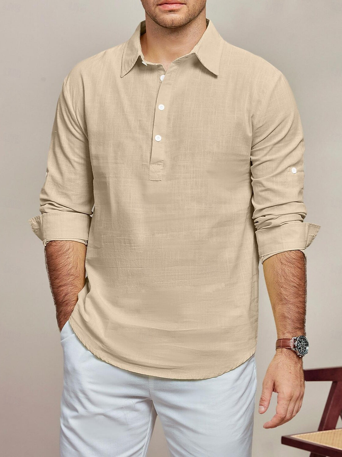 Herren lässiges Langarmhemd mit Knopfleiste und feiner Struktur Stilzeits