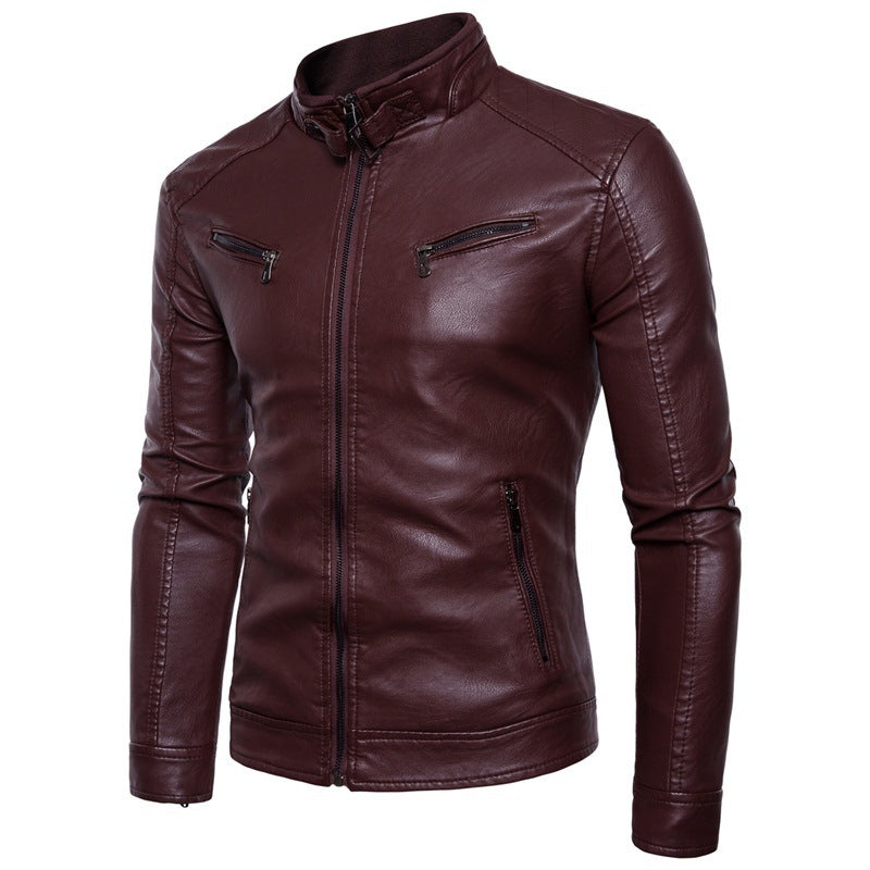 Herren elegante Kunstleder-Motorradjacke mit Stehkragen Stilzeits