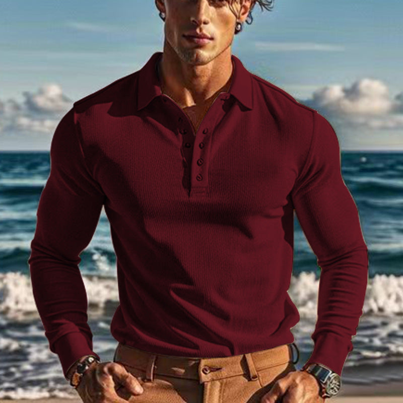 Herren eleganter Langarm-Polo mit Knopfleiste und strukturiertem Design Stilzeits