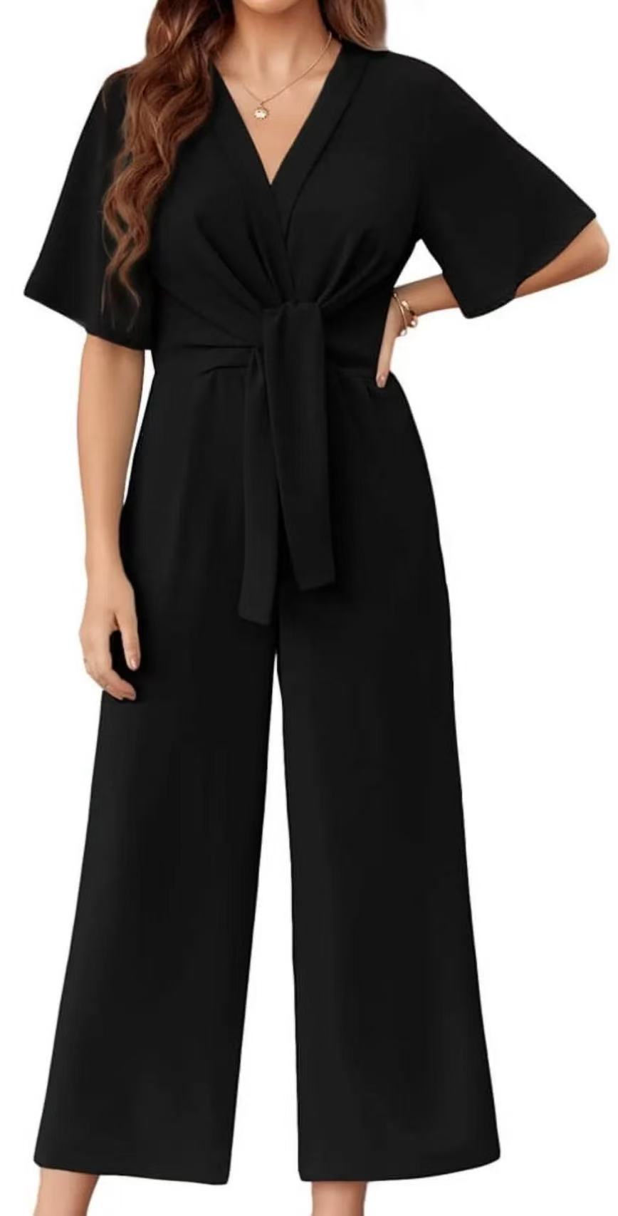 Damen eleganter Wickel-Jumpsuit mit weiten Beinen und Taillengürtel Stilzeits