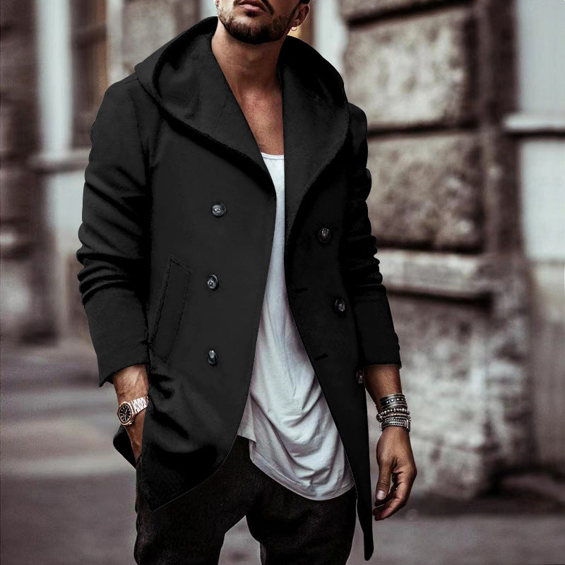 Herren stylischer Hoodie-Mantel mit doppelter Knopfreihe und weitem Kragen Stilzeits