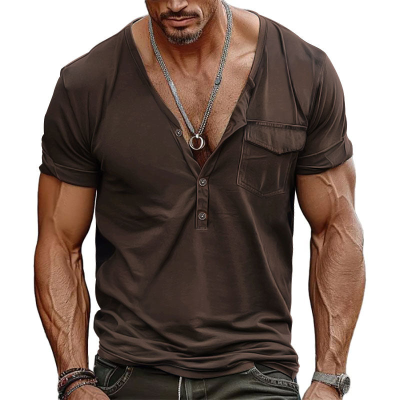 Herren Kurzarm-Henley-T-Shirt mit dekorativer Brusttasche und modernem Schnitt Stilzeits