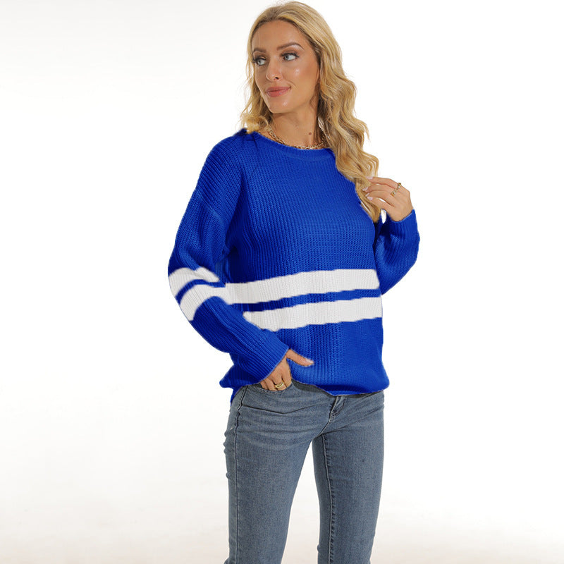 Damen Grobstrickpullover mit sportlichem Streifenmuster und lockerer Passform Stilzeits