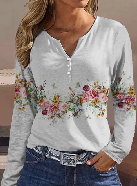 Damen Langarmshirt mit floralem Motiv und Knopfdetails Stilzeits