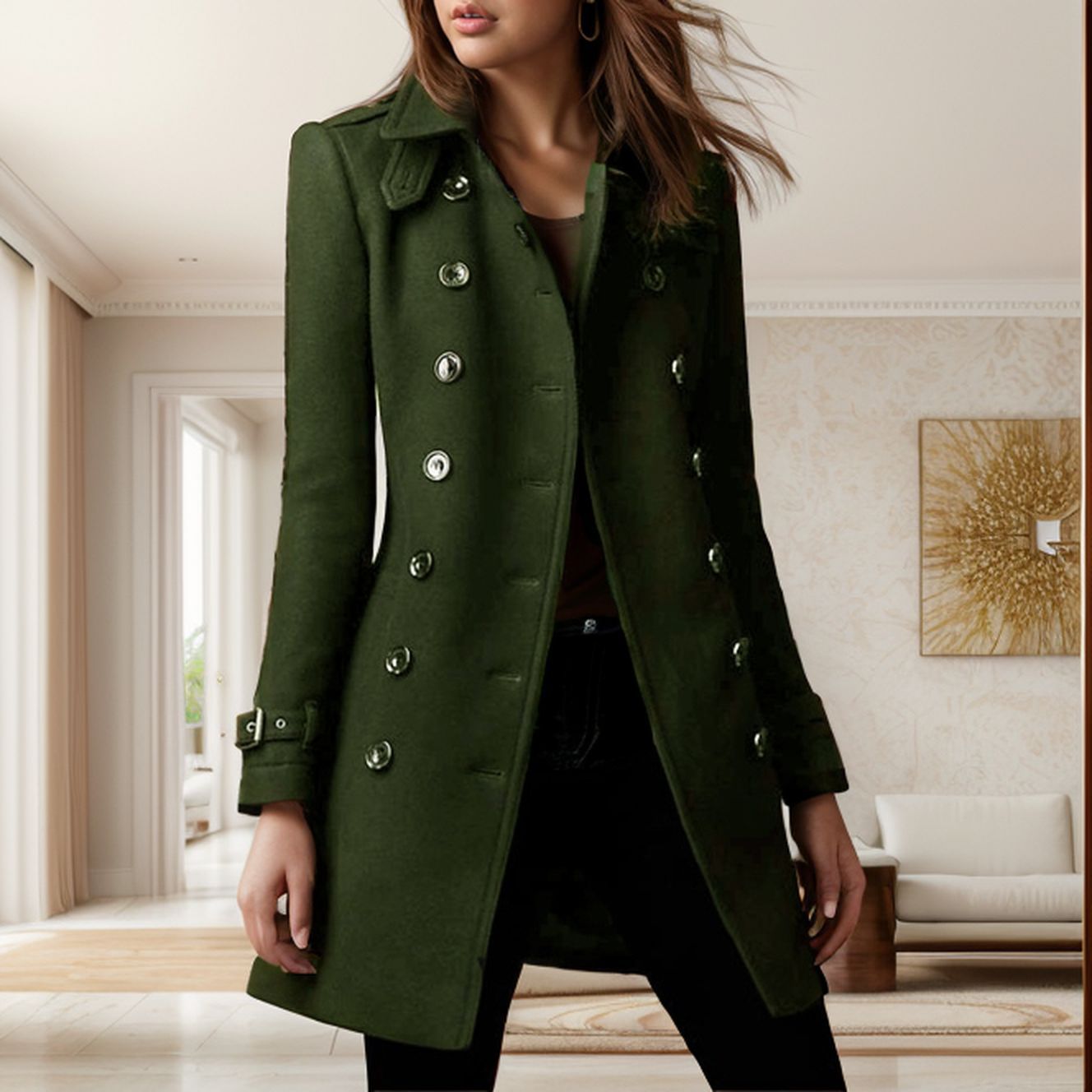 Damen eleganter Trenchcoat mit doppelter Knopfreihe und gewichtetem Kragen Stilzeits