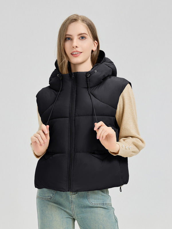 Damen gesteppte Weste mit abnehmbarer Kapuze und seitlichen Eingrifftaschen Stilzeits