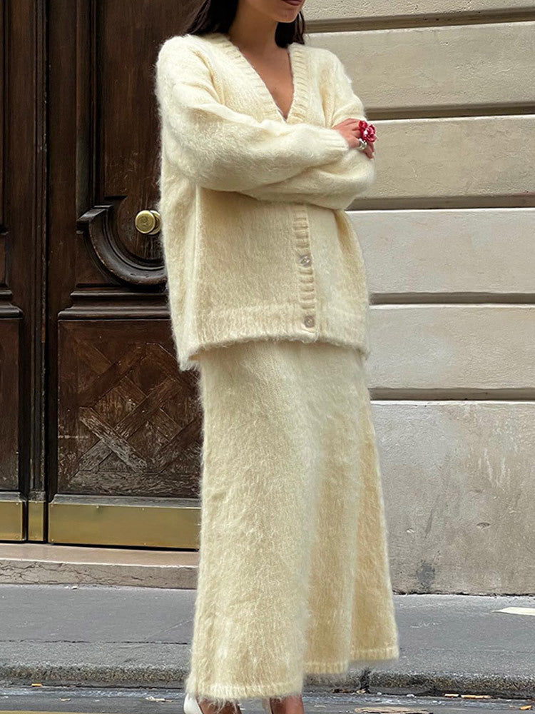 Damen kuschelige Strickjacke und Wadenlanger Rock Set Stilzeits