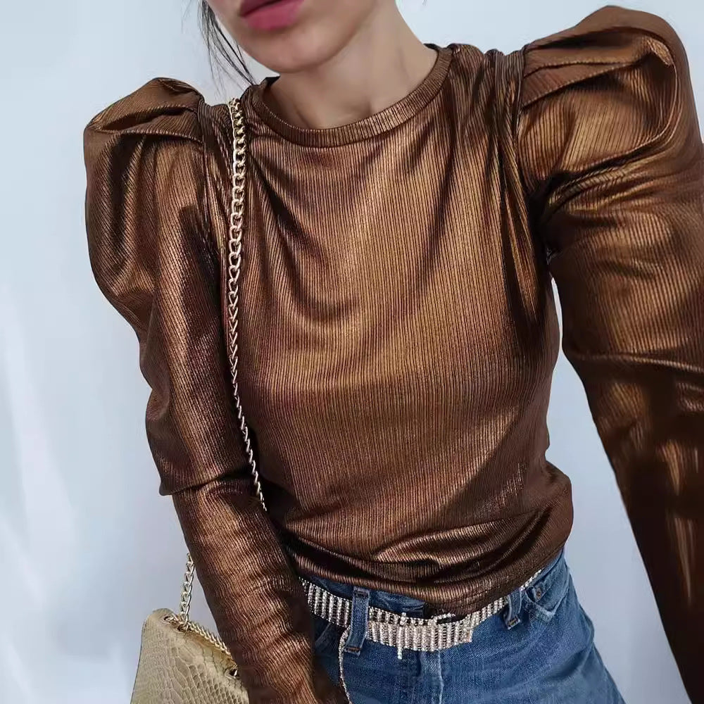 Damen funkelndes Oberteil mit voluminösen Ärmeln Stilzeits