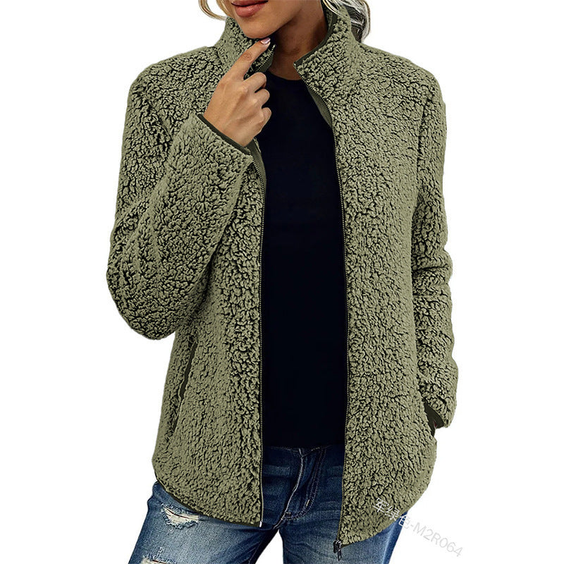 Damen flauschige Fleecejacke mit hohem Kragen und seitlichen Taschen Stilzeits