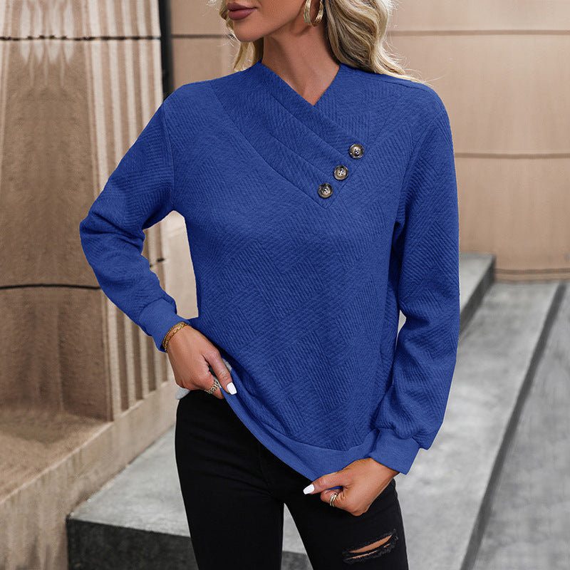 Damen eleganter Pullover mit asymmetrischem Ausschnitt und Knopfdetails Stilzeits