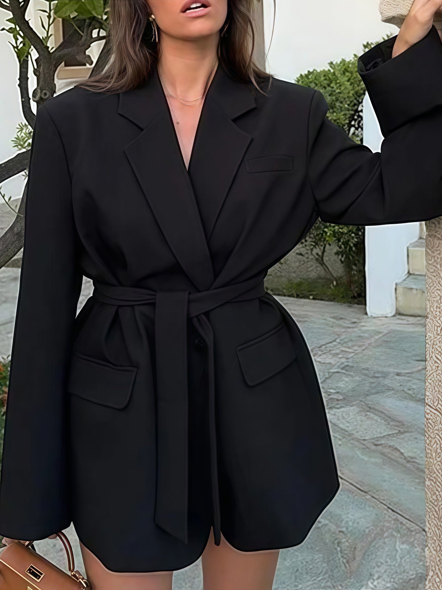 Damen Elegante Blazerjacke mit Gürtel und Taschen Stilzeits