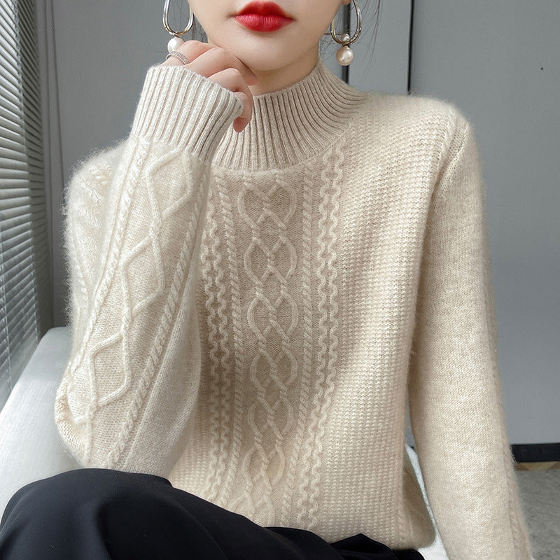 Damen Strickpullover mit elegantem Zopfmuster und hoch geschlossenem Kragen Stilzeits