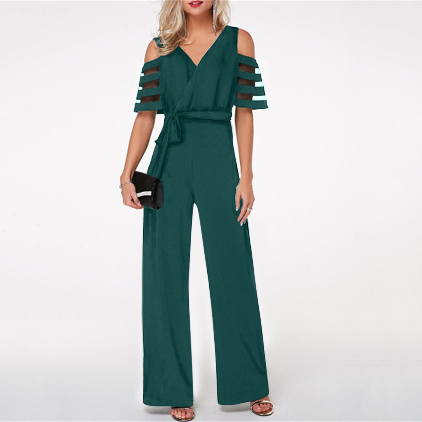 Damen Eleganter Jumpsuit mit transparenten Ärmel-Details und Taillengürtel Stilzeits