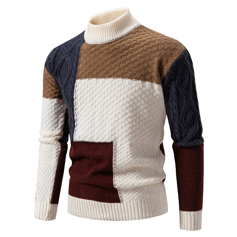Herren gemusterter Strickpullover mit hohem Kragen und kreativen Farbakzenten Stilzeits