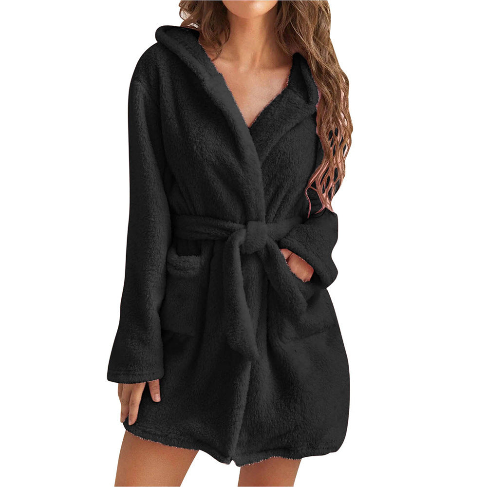 Damen Fleece Bademantel mit Kapuze und Gürtel Stilzeits