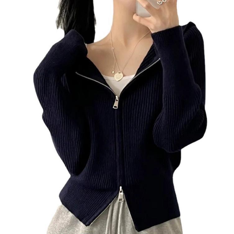 Damen lässige Strickjacke mit Kapuze und Reißverschluss Stilzeits