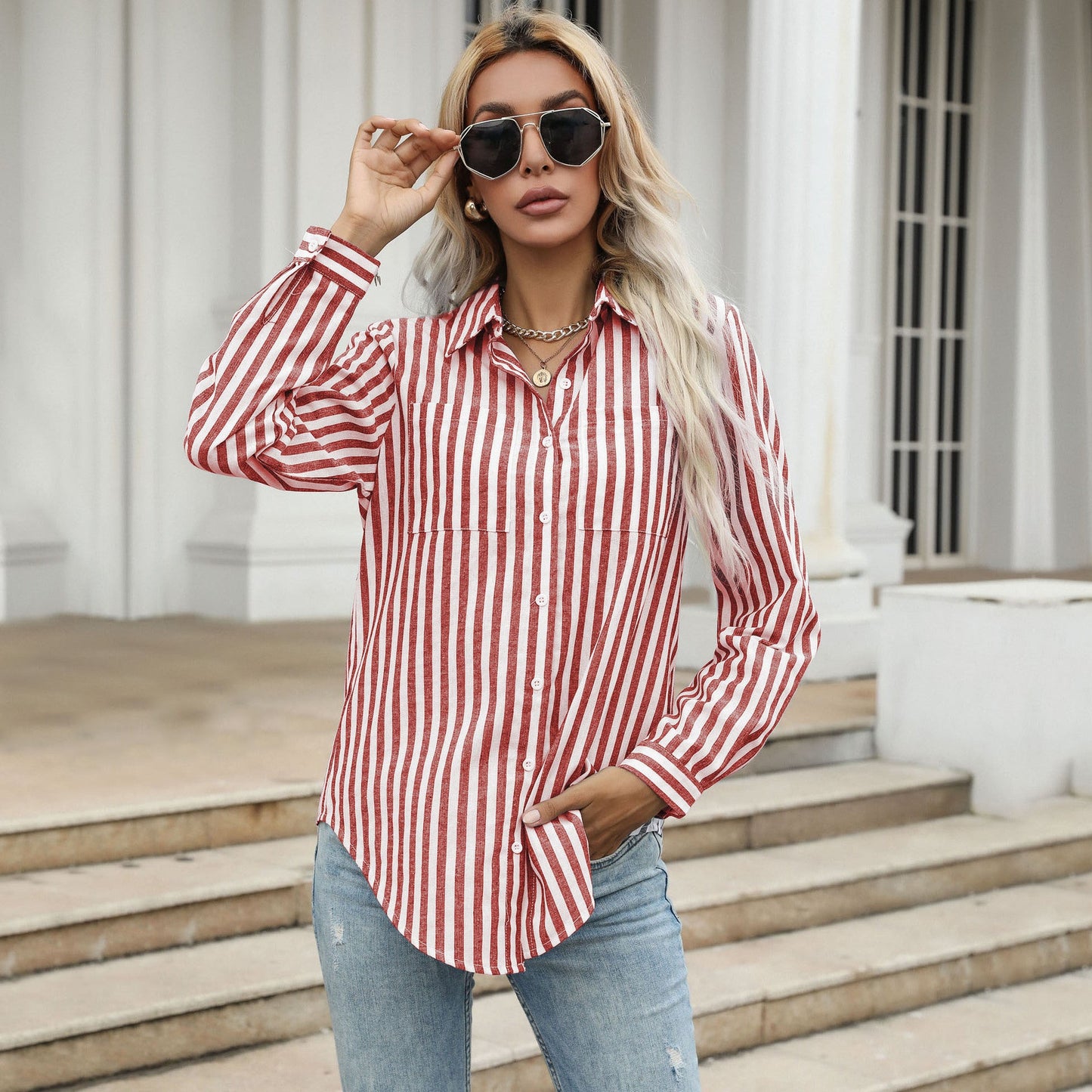 Damen Gestreiftes Langarmhemd im lässigen Chic Stilzeits