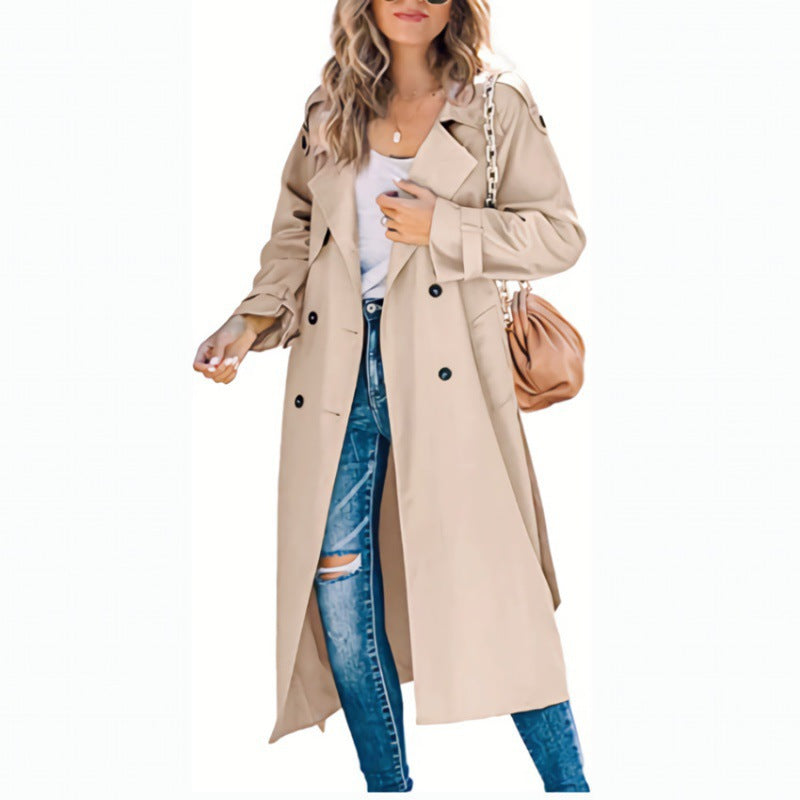 Damen eleganter Trenchcoat mit doppelt Reihe Knopfverschluss und Taillengürtel Stilzeits