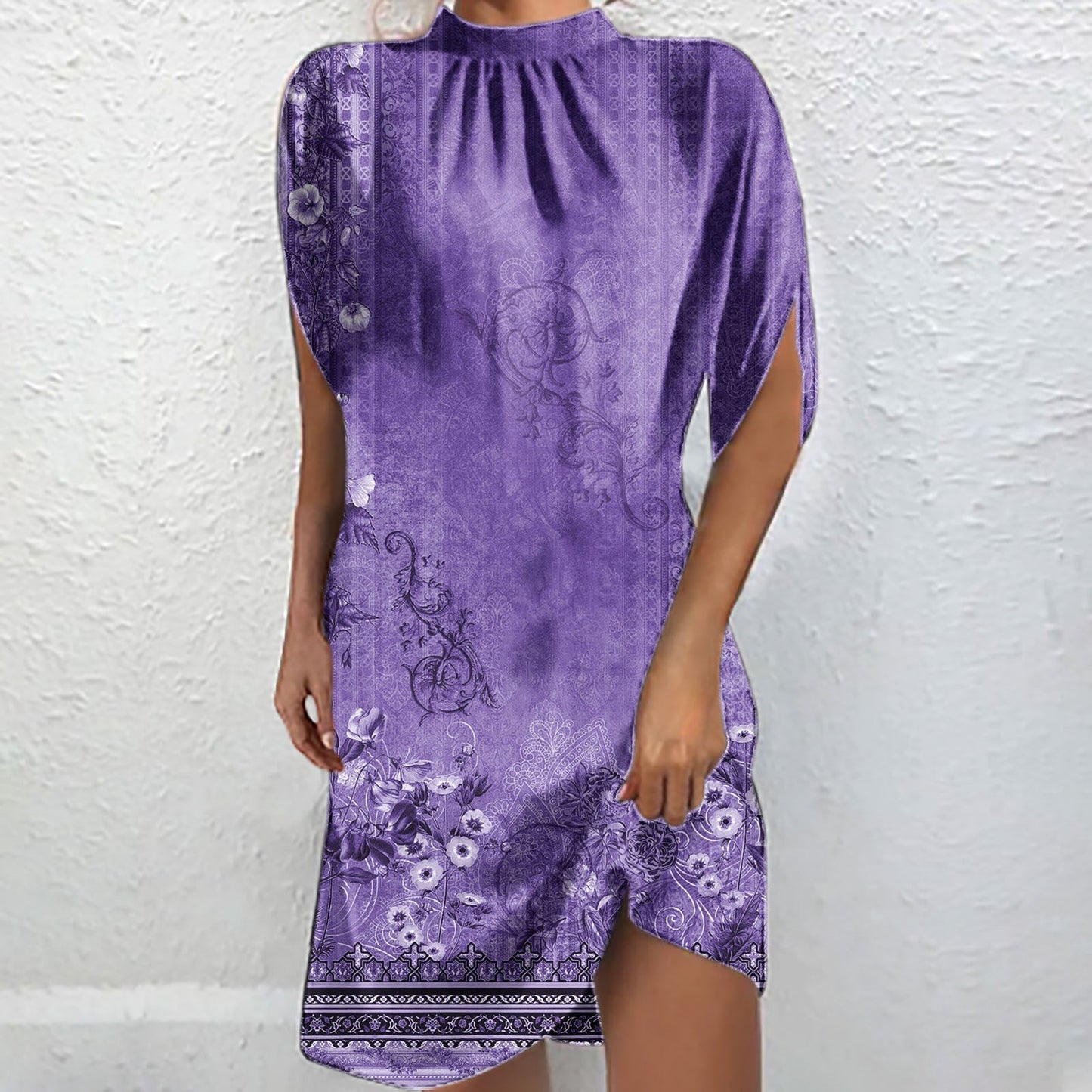 Schicke bedruckte Kurzarm-Batwing-Bluse mit Stehkragen von Fudus