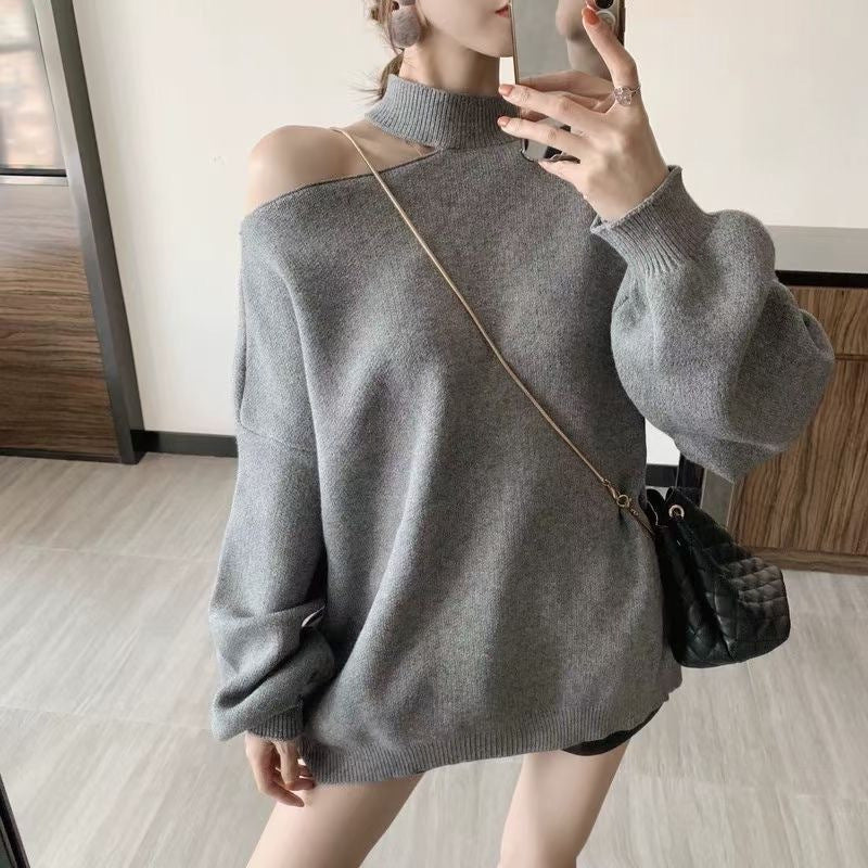 Damen modischer Oversized-Pullover mit schulterfreier Schnittführung und Rollkragen Stilzeits