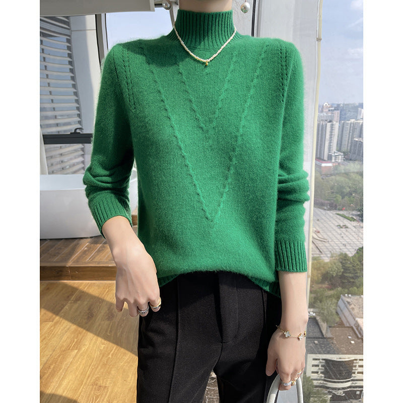 Damen weicher Strickpullover mit hohen Kragen und V-Design Stilzeits