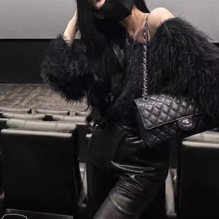 Damen cropped Pullover mit flauschiger Textur und Off-Shoulder-Design Stilzeits